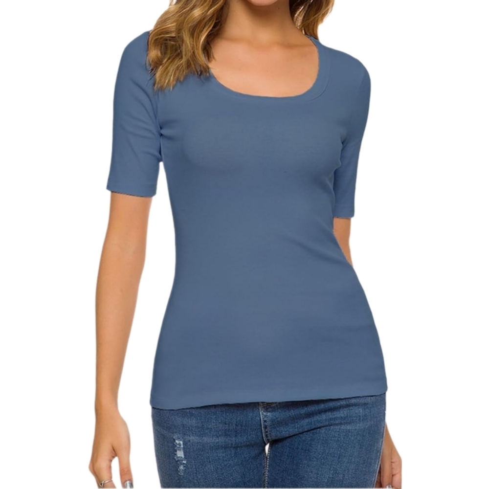 Square Neck Short Sleeve Basic Fitted Cotton Tee